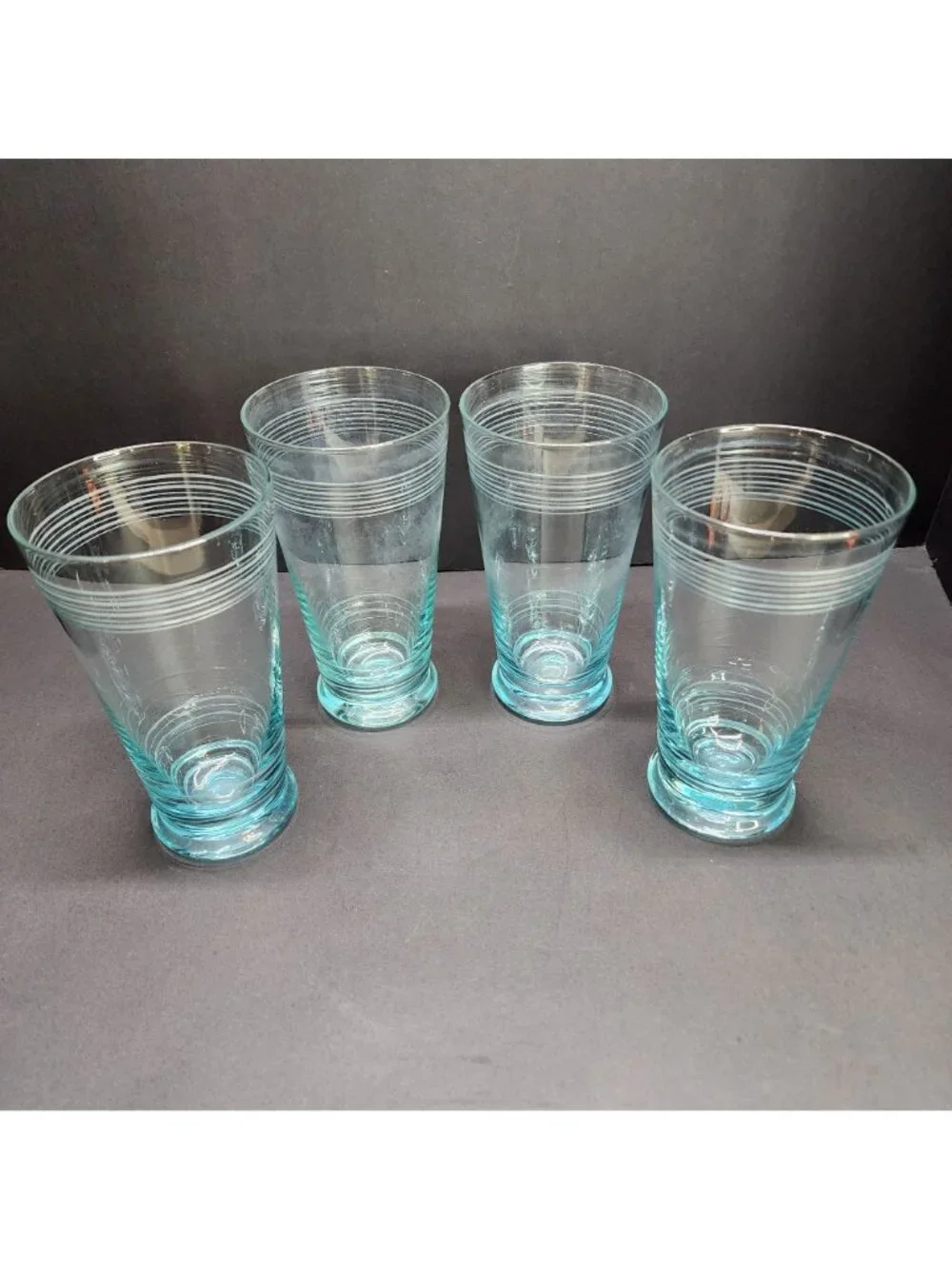 Vintage Icy Blue Etched Banded Glasses Tumbler 7